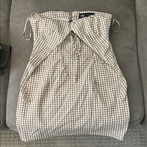 Zara Beige Gingham Strapless Dress